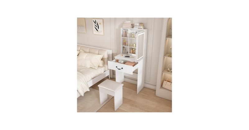 Amazon.com: Montary Small Makeup Vanity Desk with Mirror & LED  Lights,Dressing Table with Hidden Storage, Drawer, Padded Stool & Open  Shelves,White : Home & Kitchen
