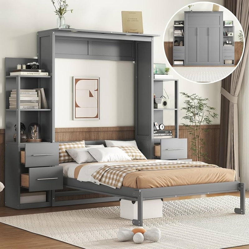 Amazon.com: Murphy Bed Full Cabinet Horizontal with Shelves Drawers, Wooden  Versatile Platform Bed, Space Saving : Home & Kitchen