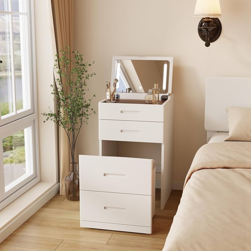 Amazon.com: Muwuele Solid Wood 3 in 1 Vanity Desk with Flip Top Mirror, No  Assembly, Compact Vanity with Hidden Chair, Small Makeup Vanity Set with  Power Outlet, Dressing Table for Bedroom, White :