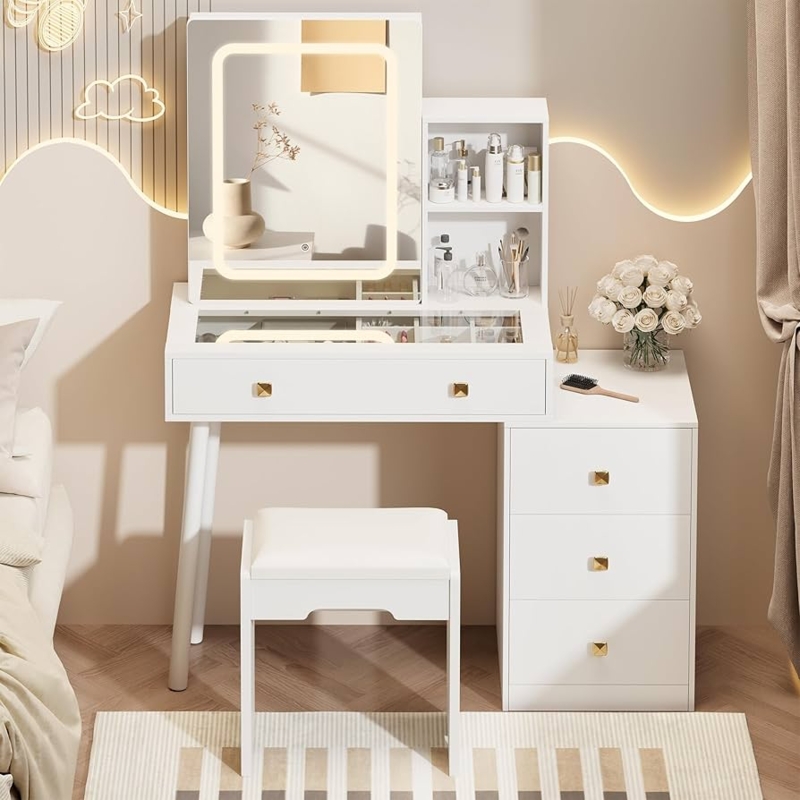 Amazon.com: NBYSGO Modern Vanity Desk with Sliding Mirror and Lights, Glass  Transparent Top Makeup Table with 4 Drawers, 3 Lighting Modes Adjustment,  White Dressing with Stool for Bedroom : Home & Kitchen