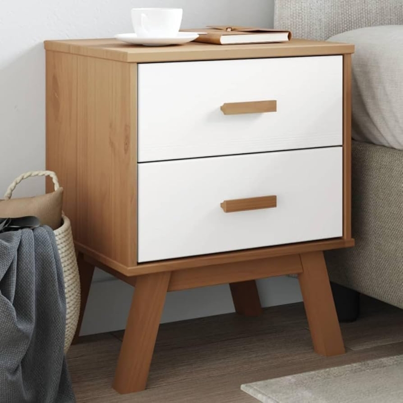 Amazon.com: Nightstand White and Brown Solid Pinewood Bedroom Side Table  with 2 Drawers for Storage, Modern Scandinavian Design, Sturdy Wooden Legs,  Easy Assembly : Home & Kitchen