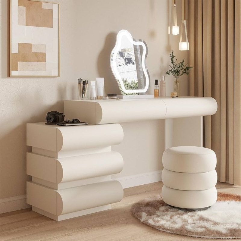 Amazon.com: Onaninso Makeup Vanity Desk with Lighted Mirror and Stool, Faux  Leather Upholstered Finish, Modern Dressing Table with 5 Drawers for Bedroom  and Makeup Room, Easy Assembly, White : Home & Kitchen