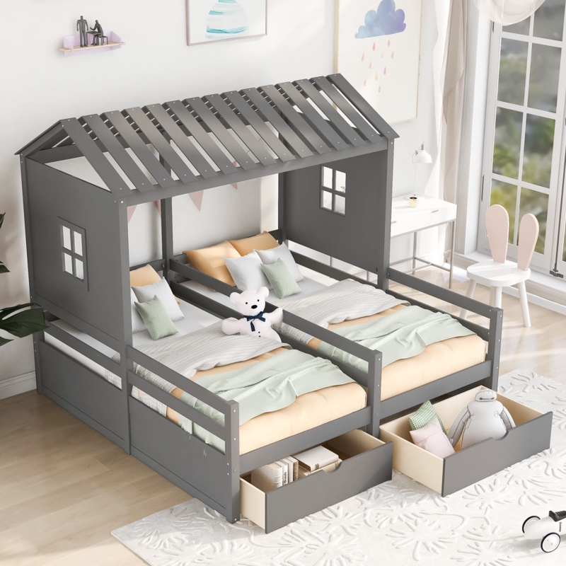 Amazon.com: P PURLOVE Twin Double Shared Bed,Twin Size House Platform Beds  with Two Drawers for Boy and Girl Shared Beds, Montessori House Bed Frame  Combination of 2 Side by Side Twin Size
