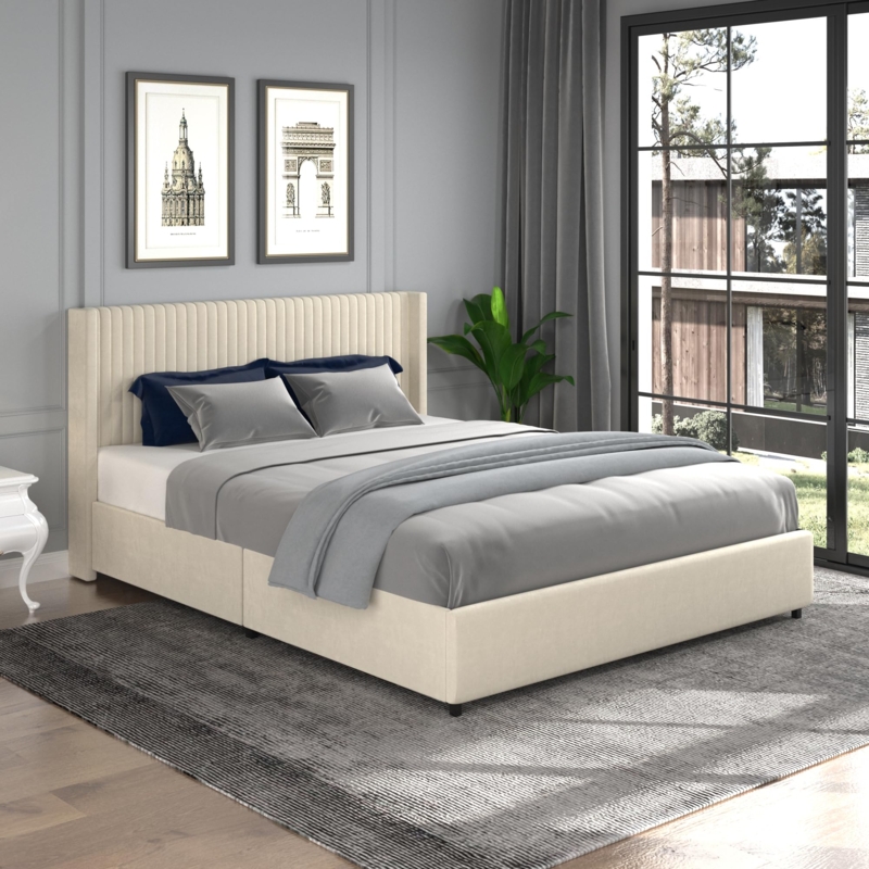 Amazon.com: PZHANGZVH Anna Queen Size Bed - Ivory Velvet Upholstered  Wingback Platform Bed with Patented 4 Drawers Storage, Stylish Channel  Headboard, No Box Spring Needed, Wooden Slats Support (Ivory Queen) : Home