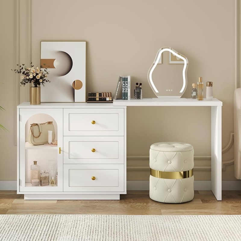 Amazon.com: RoyalCraft 59 Makeup Vanity Desk, White Vanity Dresser Combo,  Modern Corner Makeup Table with 3 Drawer & 1 Door, Wood Dressing Table for  Women Girlfriend, Vanity for Bedroom (Without Mirror) :