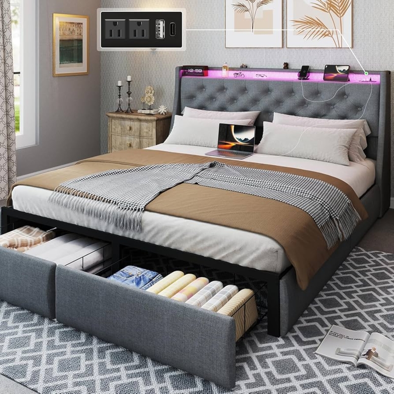 Amazon.com: SADENICEL Queen Bed Frame with Storage Headboard and 2 Drawer,  Metal Queen Size Bed Frame Platform with LED Light, Charging Station, No  Box Spring Needed, Noise Free, Easy Assembly, Grey :