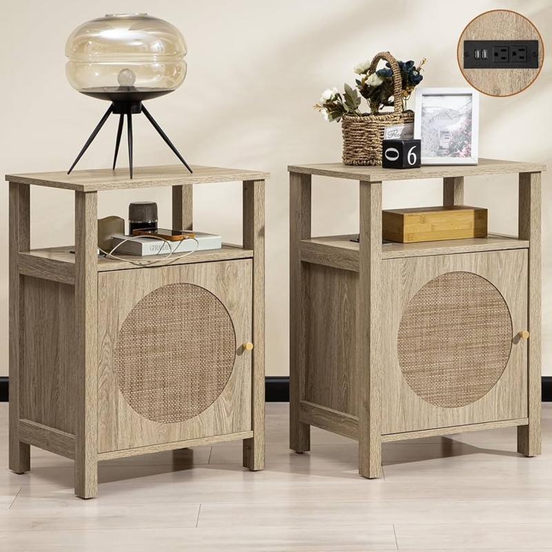 Amazon.com: SICOTAS Rattan Nightstand Set of 2, Boho Tall Night Stand with  Charging Station, Wooden Farmhouse Bedside End Table with Storage, 4-Tier  Nightstands with Adjustable Shelf for Bedroom or Living Room :