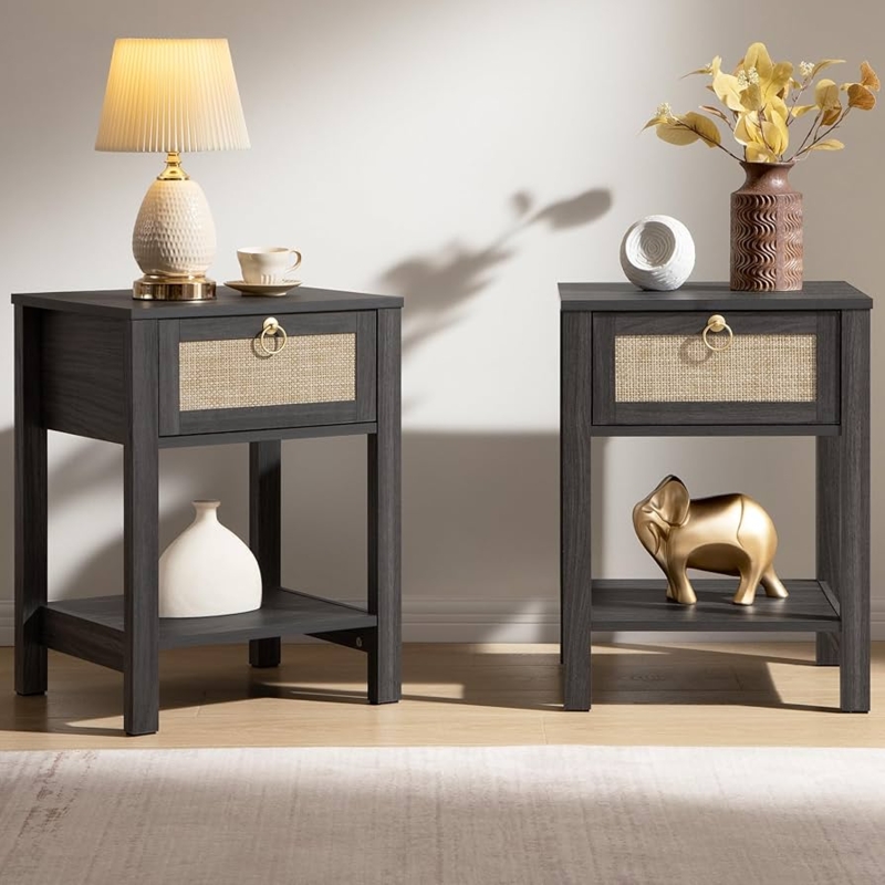 Amazon.com: SICOTAS Rattan Nightstand Set of 2, Rattan Decor Drawer with  Brass Knobs Night Stand Bedside Table Boho End Tables Side Tables with  Storage Shelf for Bedroom,Small Space : Home & Kitchen