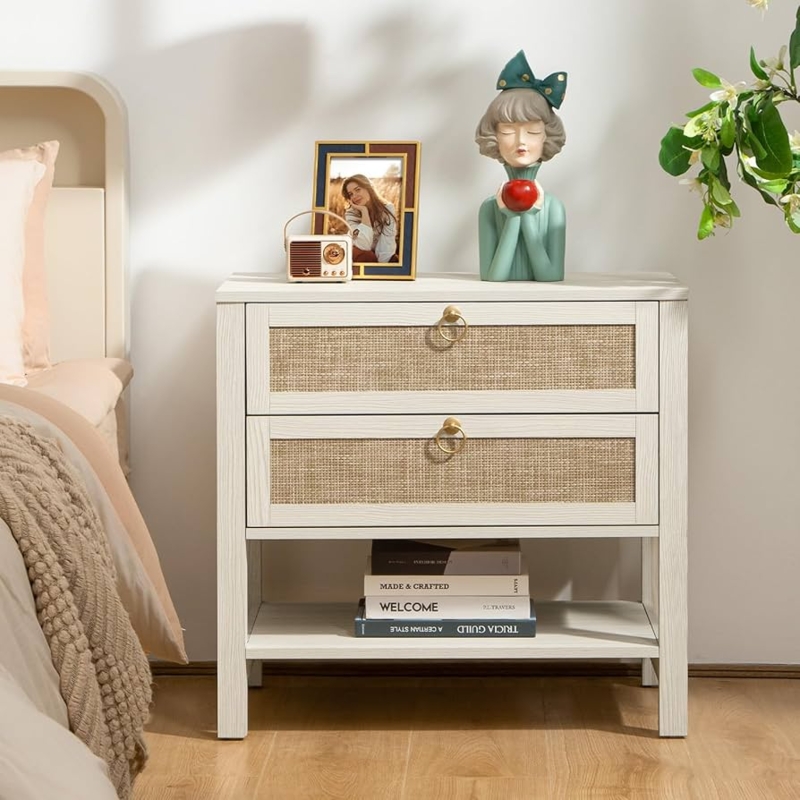 Amazon.com: SICOTAS White Night Stand with Drawers and Storage Shelf -  Large Nightstands Rattan Decor Boho Bedside Table Narrow Side Table for  Bedroom, Small Space : Home & Kitchen