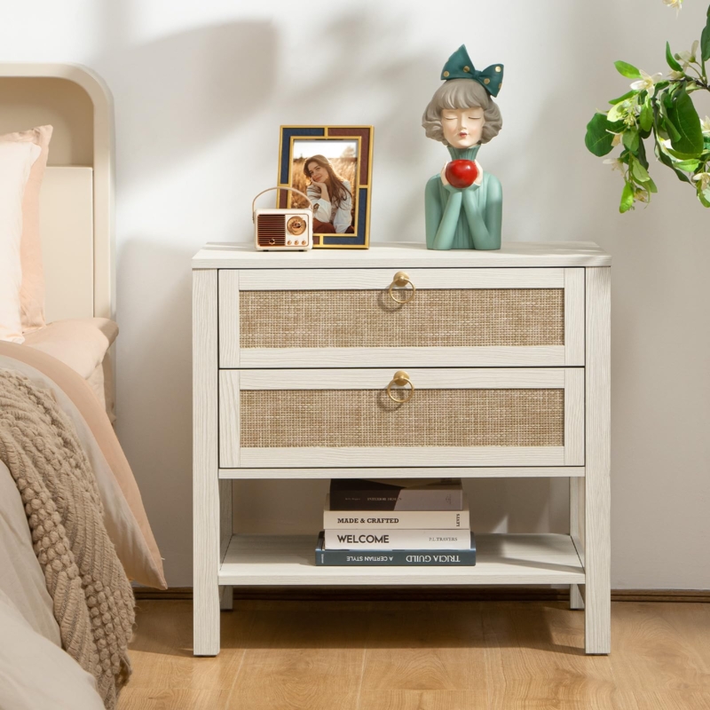 Amazon.com: SICOTAS White Night Stand with Drawers and Storage Shelf -  Large Nightstands Rattan Decor Boho Bedside Table Narrow Side Table for  Bedroom, Small Space : Home & Kitchen