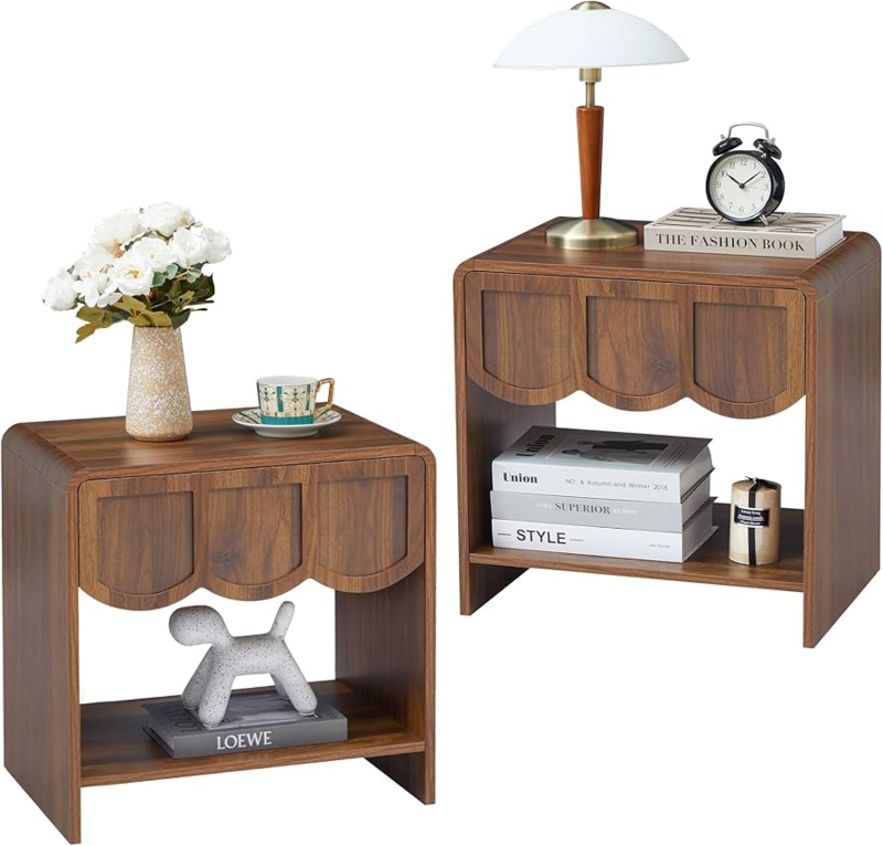 Amazon.com: Small Night Stand Set of 2, Mid Century Modern Farmhouse Wood  Nightstand with Wave Panel Drawer, Bed Side End Table for Small Space,  Living Room - Walnut : Home & Kitchen
