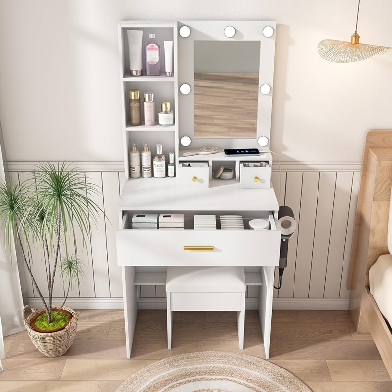 Amazon.com: Small Vanity Desk with Mirror and Lights, Makeup Vanity Table  with Power Outlet & Drawers & Shelves & Stool, Dressing Table Set for  Bedroom, Adjustable Bulb Brightness Mini Vanity Set :