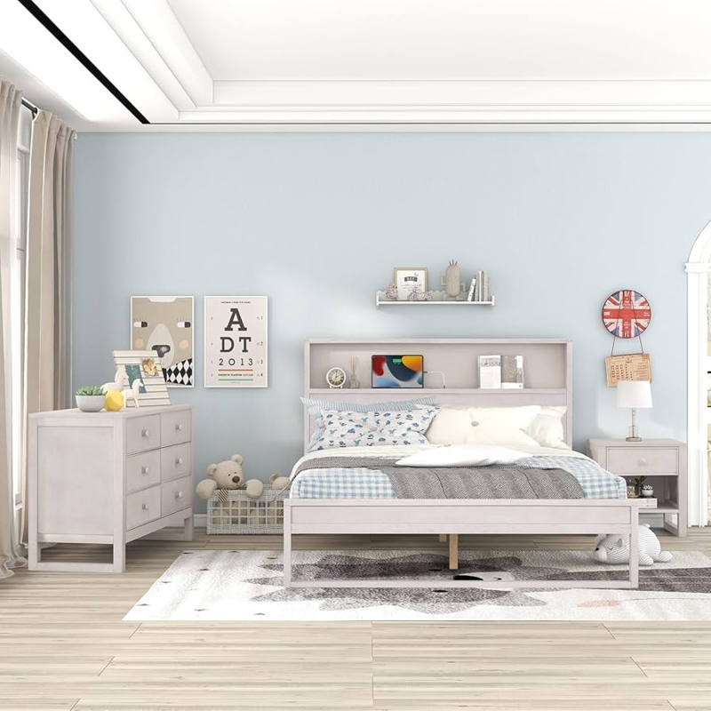 Amazon.com: SOFTSEA 3-Piece Bedroom Furniture Set, Queen Furniture Set for Bedroom  Include Queen Platform Bed Frame with Socket, 6-Drawers Double Dresser and  Nightstand : Home & Kitchen