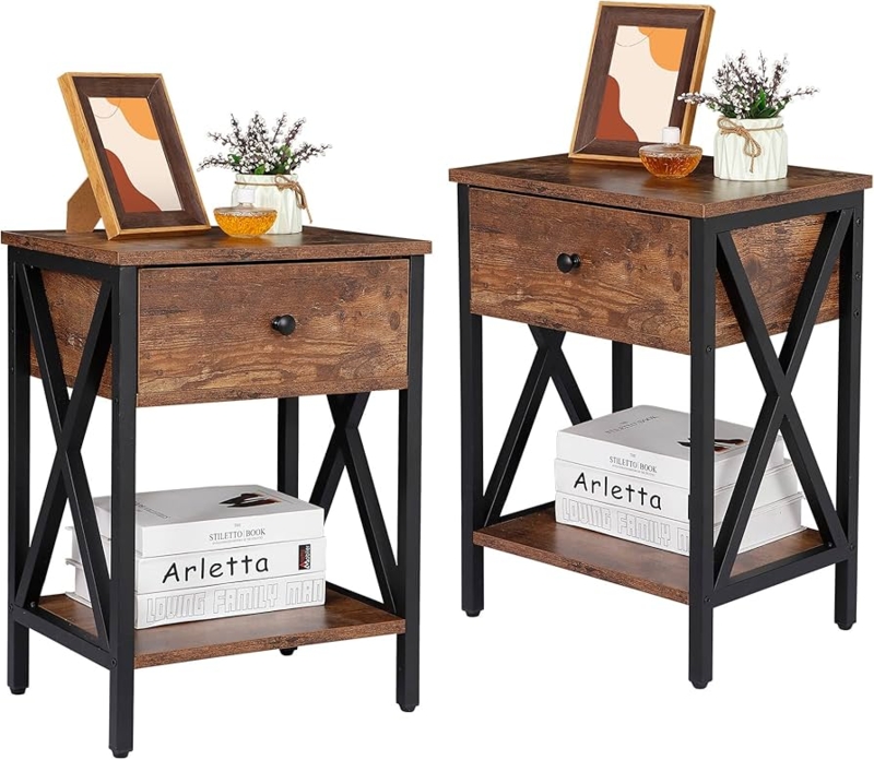 Amazon.com: SUPER DEAL Set of 2 End Table Nightstands with Drawer and  Storage Shelf, Industrial Bedside Table Heavy Duty Metal X Frame for  Bedroom Living Room Apartment Small Spaces, Rustic Brown :