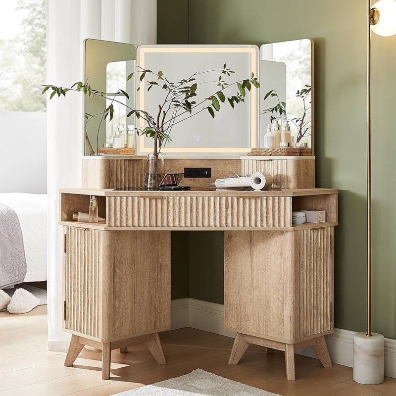 Amazon.com: T4TREAM Fluted Makeup Vanity Desk with 3 Way Mirror and Lights,  48" Large Corner Vanity Table with Glass Top, Charging Station, 3 Drawers,  Storage Cabinets & Shelves, for Bedroom, Natural Oak :