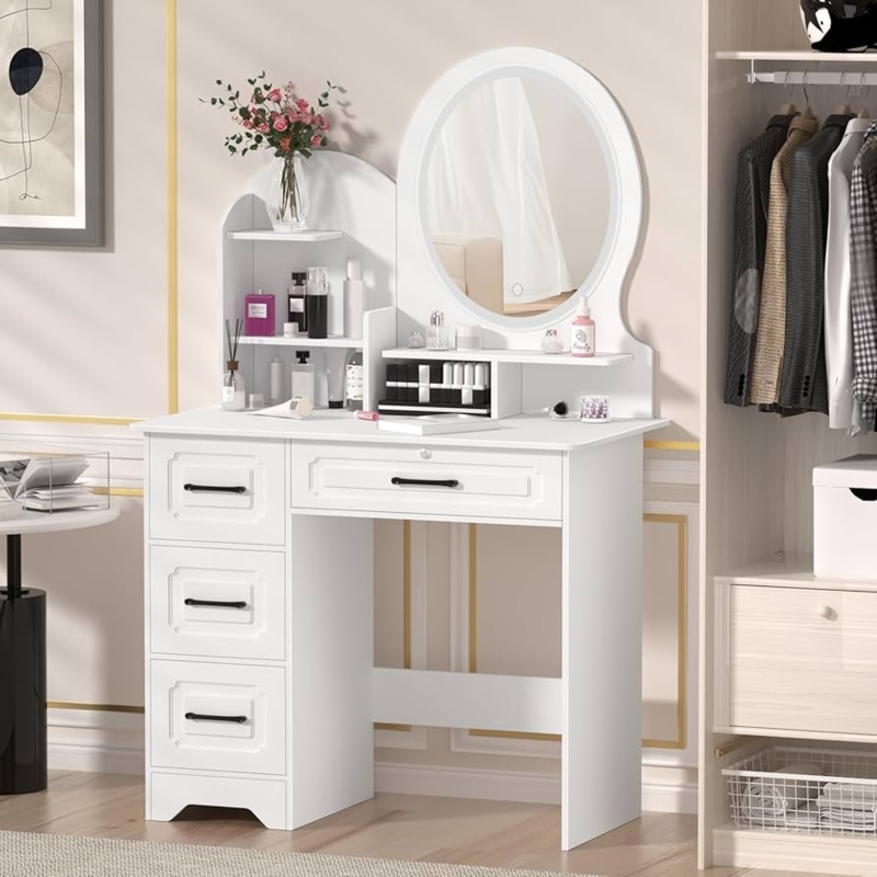 Amazon.com: TOLUON Vanity Desk with Sliding Mirror, Makeup Vanity Desk with  Drawers and Shelves, White Make up Vanity Table with Lights, for Bedroom  Dressing Room (White-Round) : Home & Kitchen