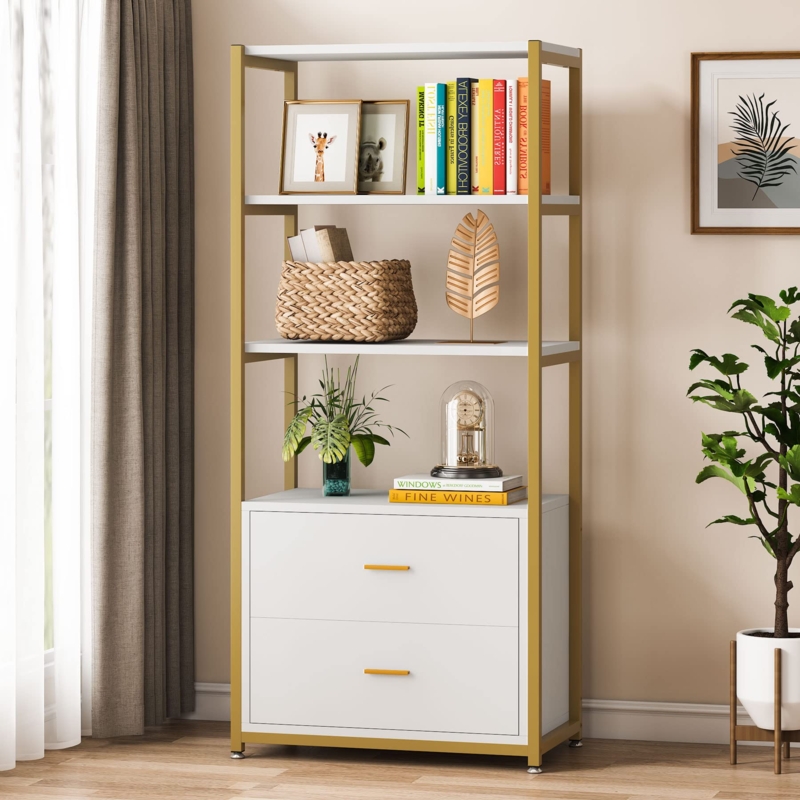 Amazon.com: Tribesigns Bookcase, 4-Tier Bookshelf with 2 Drawers, Etagere  Standard Book Shelves Display Shelf for Home Office (Gold/White) : Home &  Kitchen