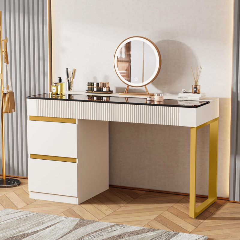 Amazon.com: Tribesigns Vanity Desk with Glass Top, 4 Drawers Makeup Vanity  Table, Modern Makeup Dresser Desk, White Gold Vanities with Visual Drawer  for Bedroom : Home & Kitchen