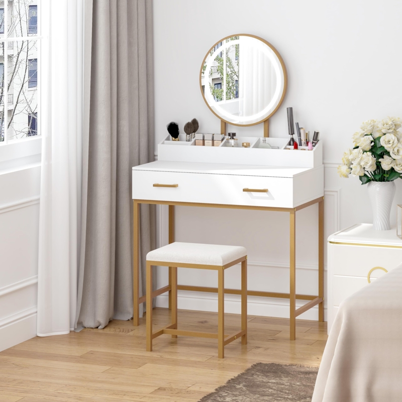 Amazon.com: UTEX Makeup Vanity Desk with Mirror and Lights, Makeup Vanity  Set with Drawers, Small Dressing Up Table, 3 Lighting Modes Dresser Desk  and Cushioned Stool Set for Bedroom White and Gold :