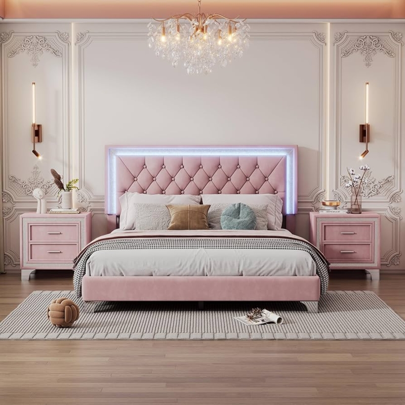 Amazon.com: VilroCaz Modern 3-Pieces Bedroom Sets, Queen Size Upholstered  Platform Bed with Crystal Tufted Headboard and 2 Nightstands, Sturdy Slats  Support for up to 700lbs (Pink-3vs) : Home & Kitchen