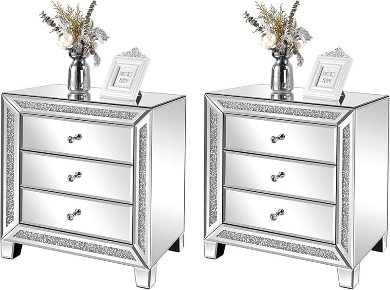 Amazon.com: VINGLI Mirrored Nightstands Set of 2, 23" W Glass Mirror Night  Stand Set of 2, Modern Bedside Table 3 Drawer Glass Side End Table Silver  Dresser for Bedroom, 23W x 13.8D