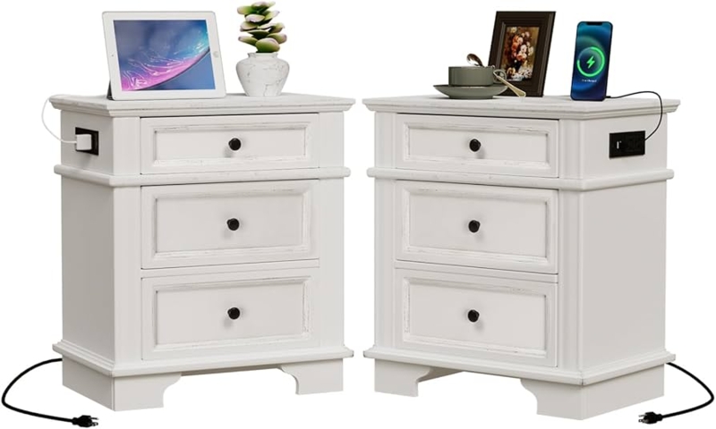 Amazon.com: VINGLI White Nightstands Set of 2, 24" W Nightstand with  Charging Station, 3 Drawer Nightstand with Textured Drawers, Large Nightstands  Wood, Bedside Table,Vintage Night Stand for Bedroom : Home & Kitchen