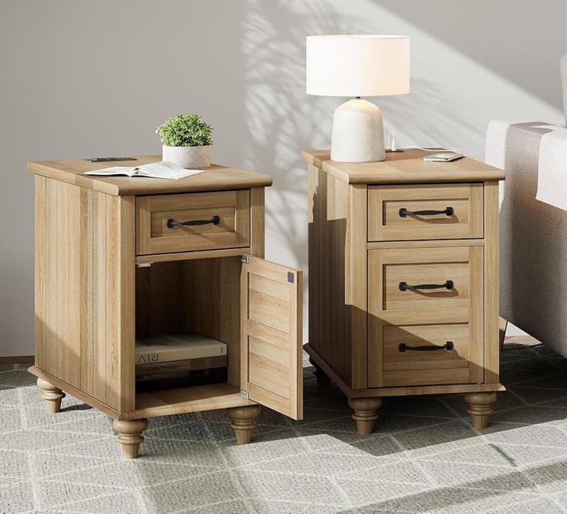 Amazon.com: WAMPAT Set of 2 Bedside Tables with Charging Station, Light Wood  End Tables with Drawer, Narrow Nightstands with Cabinet, Farmhouse Night  Stand for Bedroom, Oak : Home & Kitchen