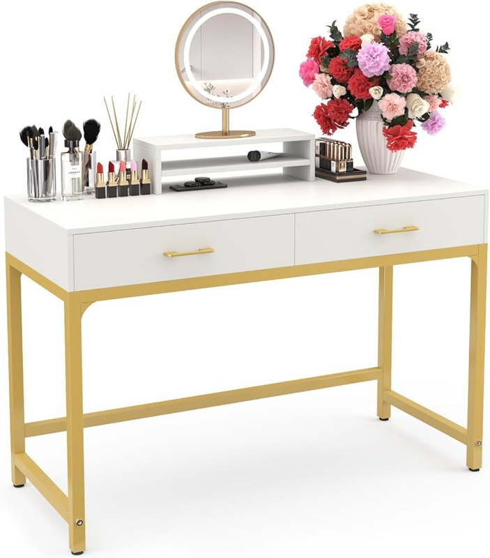 Amazon.com: WESTREE Women Makeup Vanity Desk with 2 Drawers - Bedroom Home  Office Desk, Wooden Height Monitor Stand & Storage Shelf Without Mirror,  White Table Great Gift for Her : Home & Kitchen