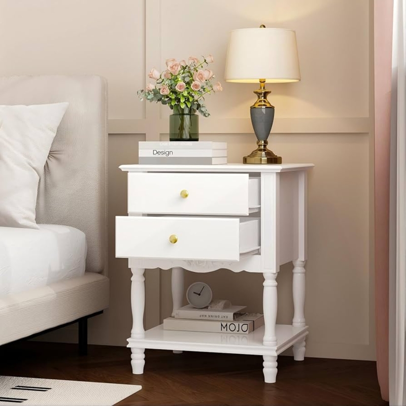 Amazon.com: WOODTIME Accent Nightstand with 2 Drawers, Shelf & Carve  Pattern, Modern Wooden Night Stand Bedside Table, Versatile Sofa End Bed  Side Table for Bedroom Living Room, White : Home & Kitchen