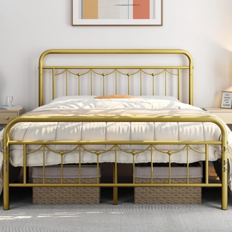 Amazon.com: Yaheetech Queen Size Metal Bed Frames with Vintage Headboard  and Footboard, Farmhouse Metal Platform Bed, Heavy Duty Steel Slat Support,  Ample Under-Bed Storage, No Box Spring Needed, Antique Gold : Home