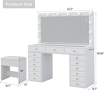 Amazon.com: Yanosaku 15 Drawers Makeup Vanity with Charging Station, Vanity  Desk with 12 LED Bulbs and HD Mirror, 3 Color Brightness Adjustable, Vanity  Set for Bedroom, White : Home & Kitchen