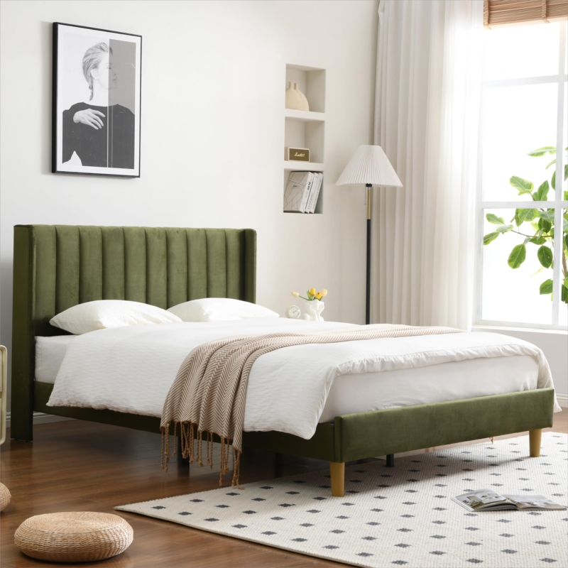 Amazon.com: YUHUASHI upholstered Platform Bed Frame/Queen Bed Frame/Modern  Geometric Double-Wing Design headboard/Velvet Fabric/Easy to Assemble no  Noise (Grass Green, Queen (U.S. Standard)) : Home & Kitchen