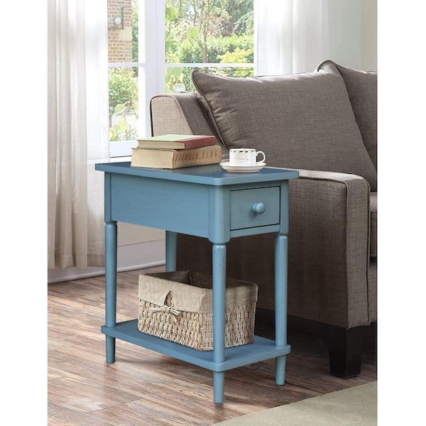 Antique Blue Narrow Side Table with Drawer & Shelf