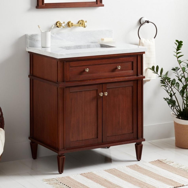 Antique Brown Bathroom Vanity with Slatted Bottom Shelf