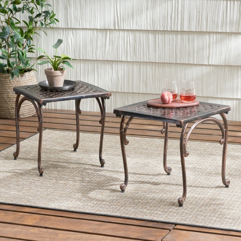 Antique Copper Outdoor Side Tables Set of 2 Lattice Top