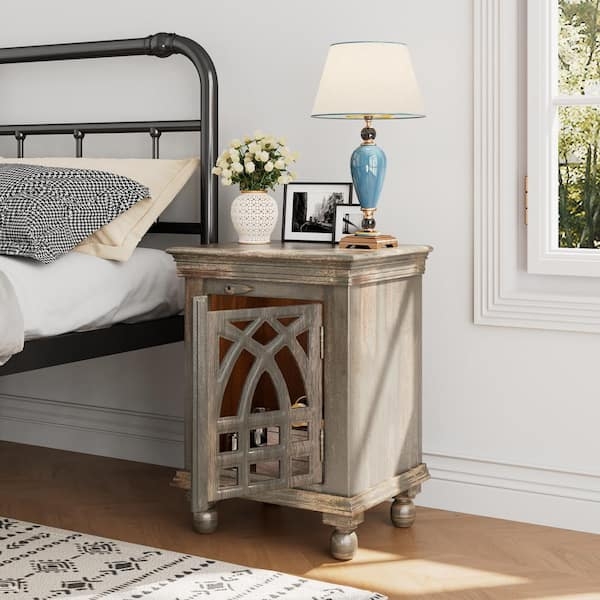 Antique Gray Nightstand Floral Carved Door Wood Bedside Cabinet