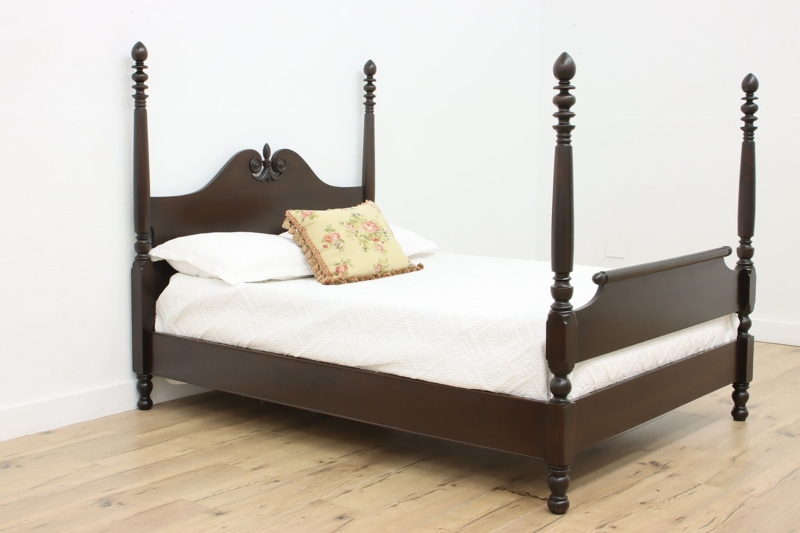 Antique Mahogany Four Poster Bed with Rice Carved Posts