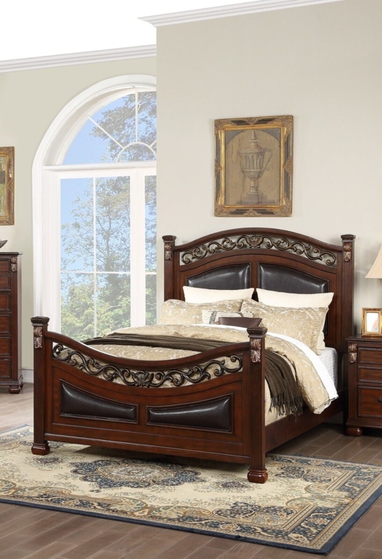Antique Poster Bed Tall Posts, Dark Brown Finish & Ornate Carved Details
