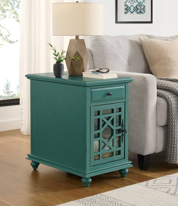 Antique Teal Chairside End Table with Flip-Top Charging Station