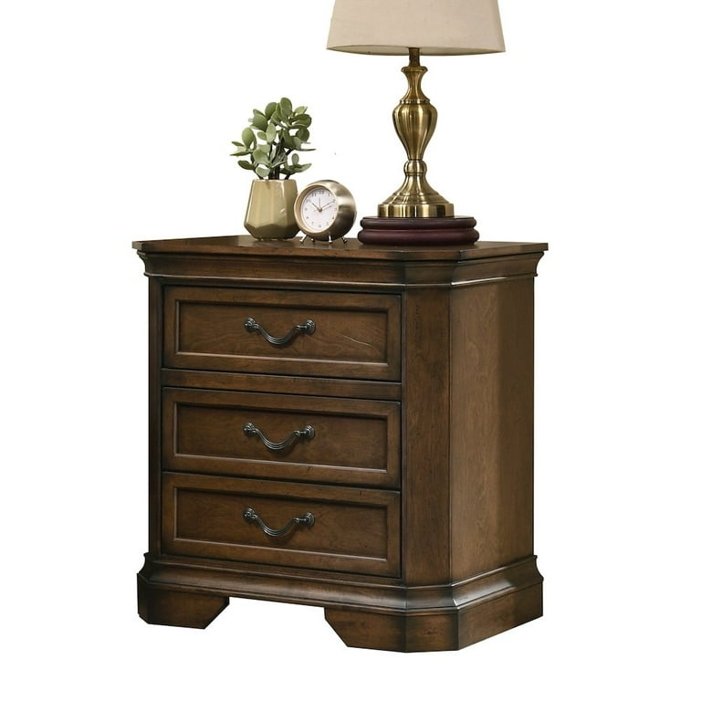 Antique Walnut Nightstand, Silver Knobs, Classic Three Drawer Bedside Storage