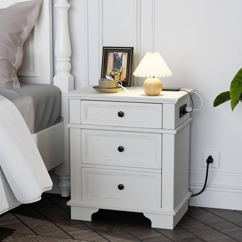 Antique White Nightstand with Textured Drawers and Charging Station