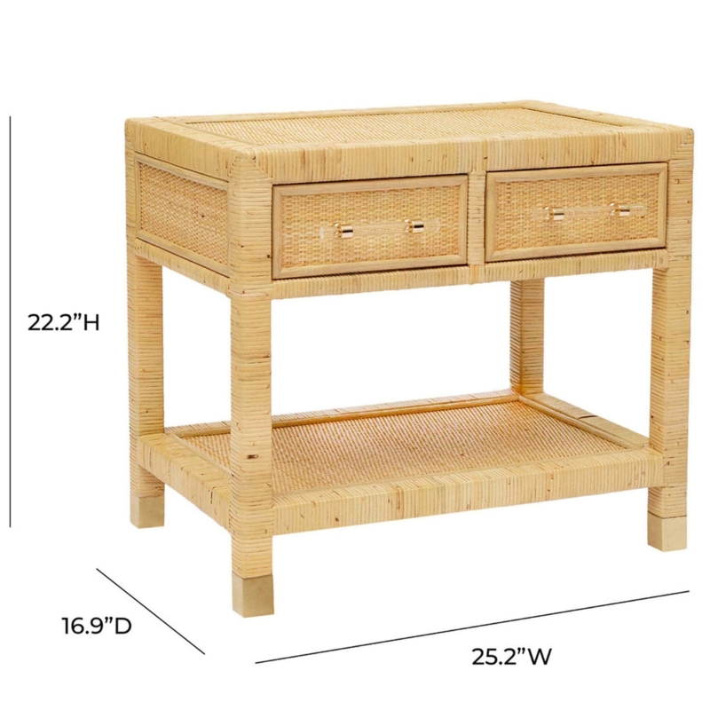 Arched Frame Nightstand Woven Rattan Two Drawers Boho Design