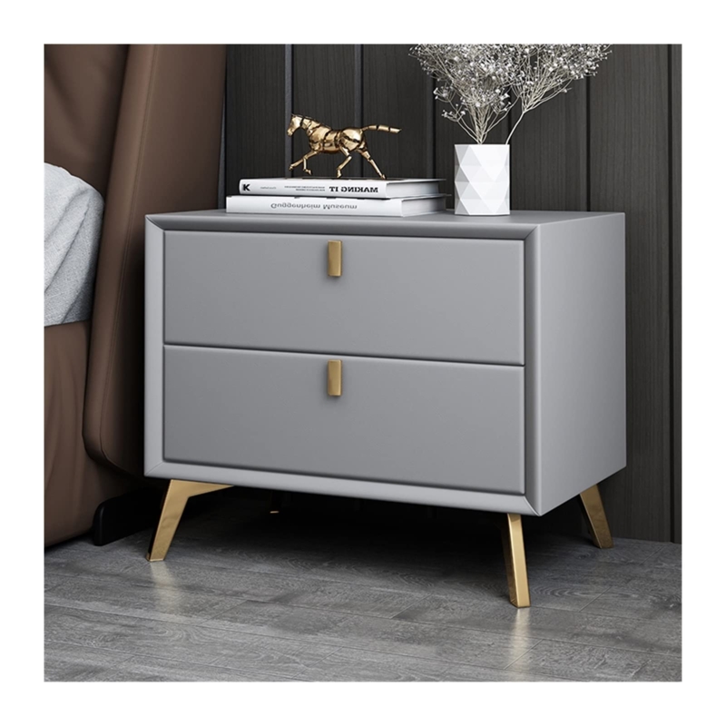 Arched Nightstand with Light Grey Upholstery and Slender Gold Legs