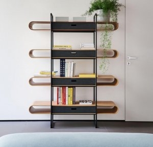 Architectural Bookcase in Dark Espresso Tone with Geometric Shelves