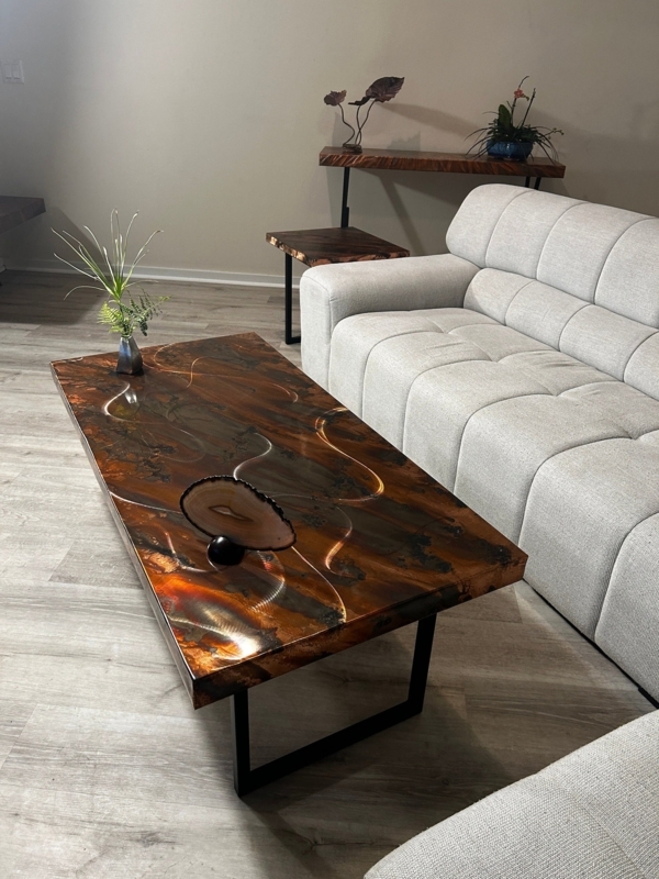 Artisan Copper Coffee Table Round Torched Top Tripod Base Swirls