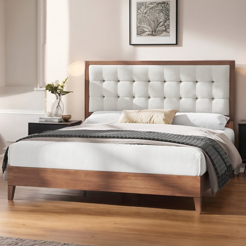 Ash Gray Upholstered Platform Bed with Mid-Century Tapered Wood Legs