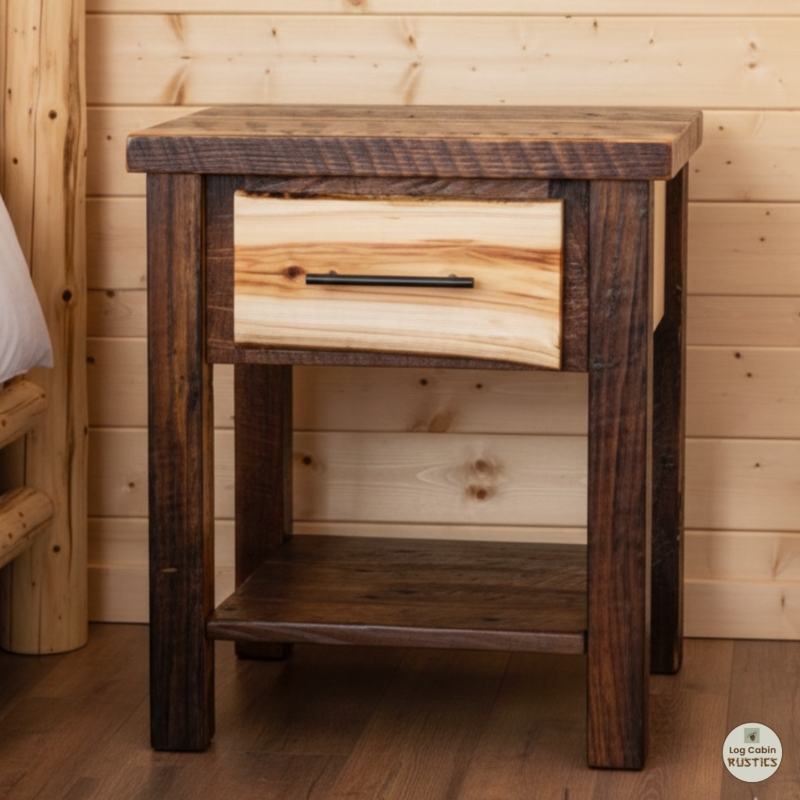 Aspen Log Nightstand with Barnwood Body and Branch Handle.