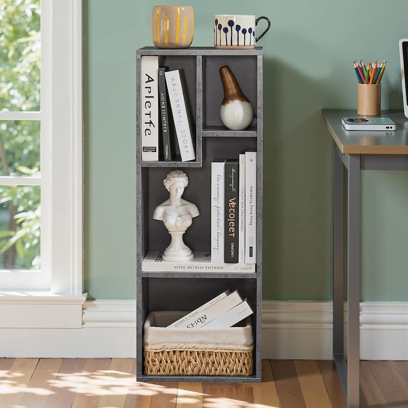 Asymmetric Black Bookshelf Staggered Tier Open Back Geometric Unit