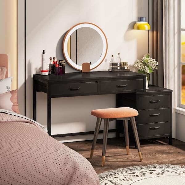Asymmetrical Black Makeup Vanity Desk with Gold Base