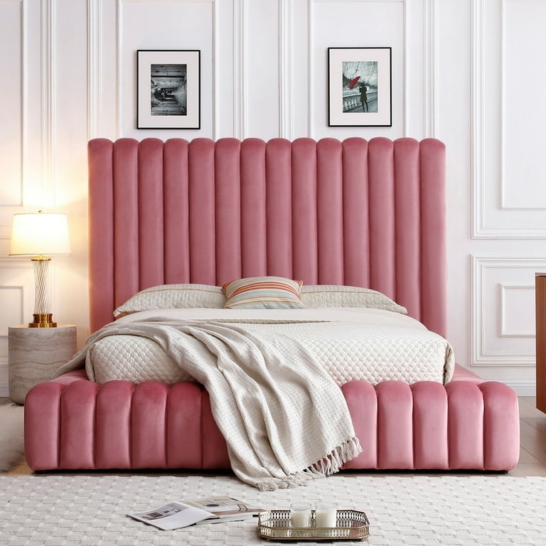 Avalon Velvet Upholstered Full Platform Bed in Pink -